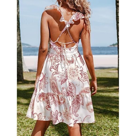 Cupshe Plunge Ruffle Fitted Waist Tie A-Shape Dress White Pink Size Large‎ - Picture 3 of 14